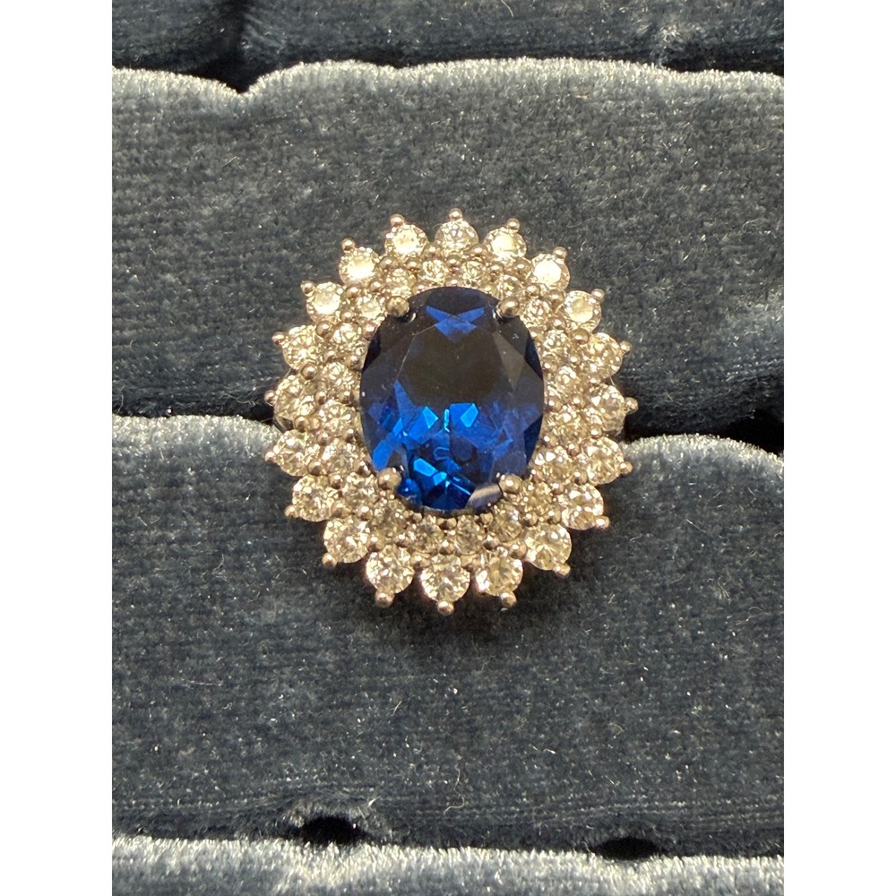 BBJ‎ 925 Sterling Silver Blue Sapphire CZ Double Halo Cocktail Ring Size 6.75